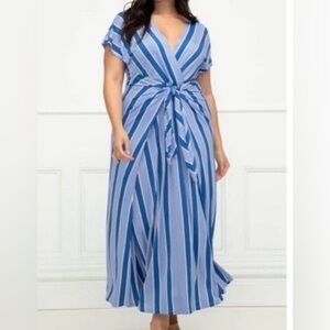 Eloquii Blue Faux Wrap Tie Front Maxi Dress